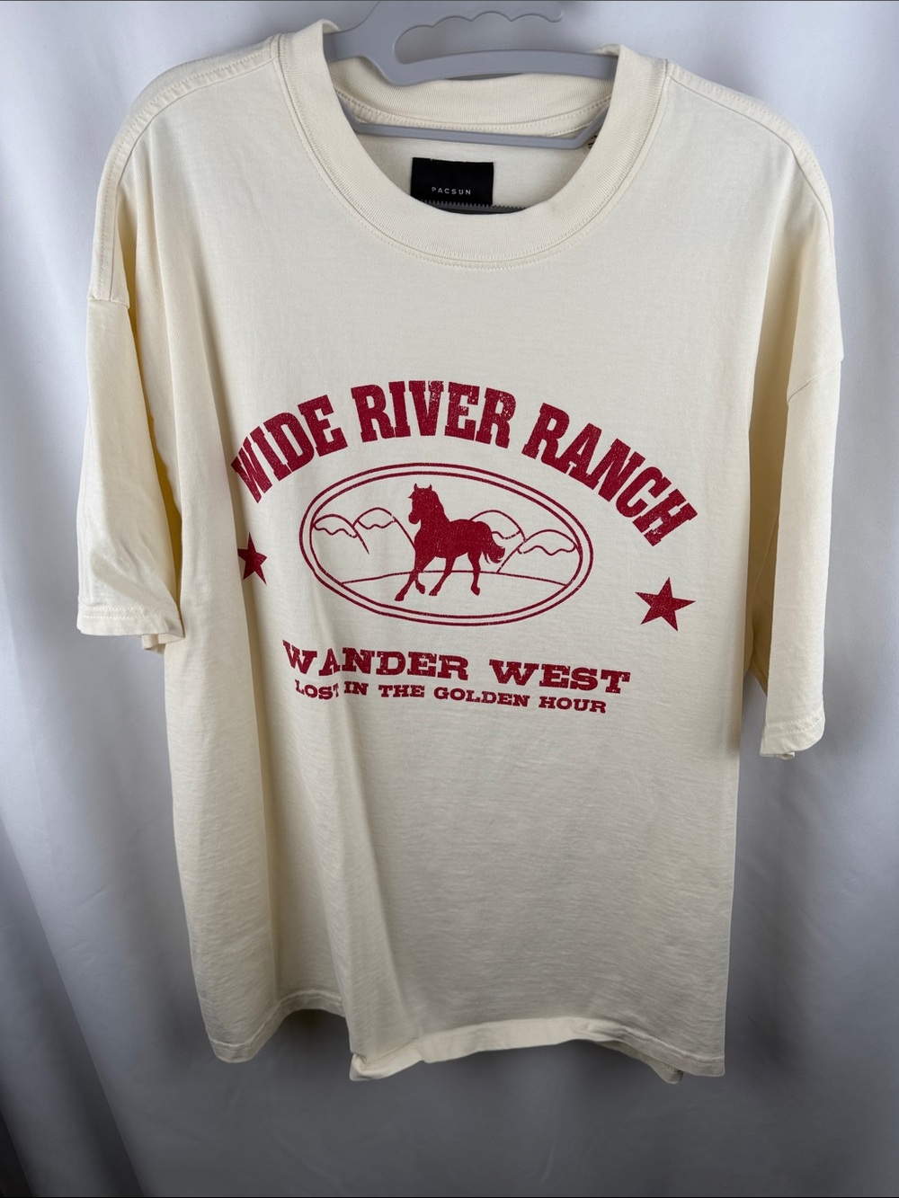 PacSun Cream Tee with Red 'Wide River Ranch' Graphic